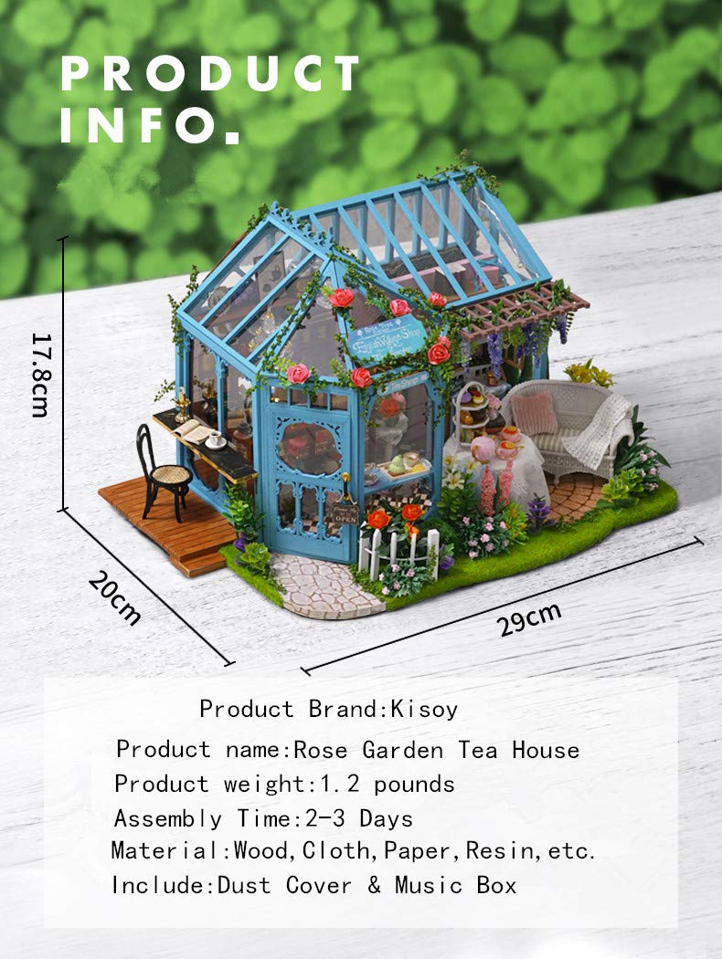 Kisoy Dollhouse Miniature with Furniture Kit  Handmade DIY House Model for Teens mature-themed Gift (Rose Garden Tea House)