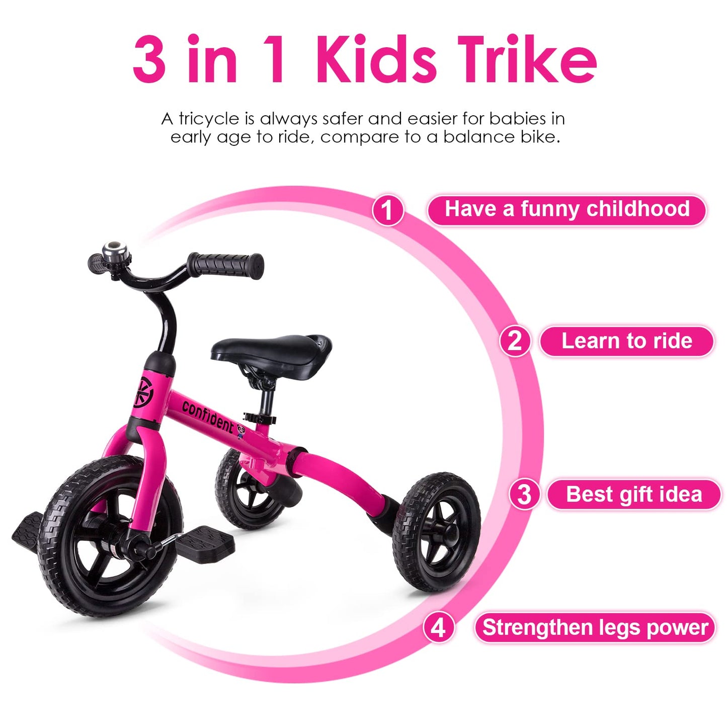 YGJT 3 in 1 Tricycle for Toddlers Age 2-5 Years Old, Folding Kids Balance Bike with Adjustable Seat and Removable Pedal, Toddler