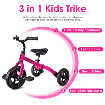 YGJT 3 in 1 Tricycle for Toddlers Age 2-5 Years Old, Folding Kids Balance Bike with Adjustable Seat and Removable Pedal, Toddler
