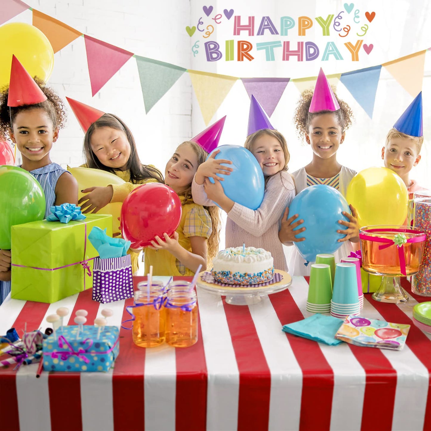 2 Pack Red and White Striped Tablecloth, 54 x 108 Inch Waterproof Disposable Plastic Table Cover, Rectangular Table Cloths for B