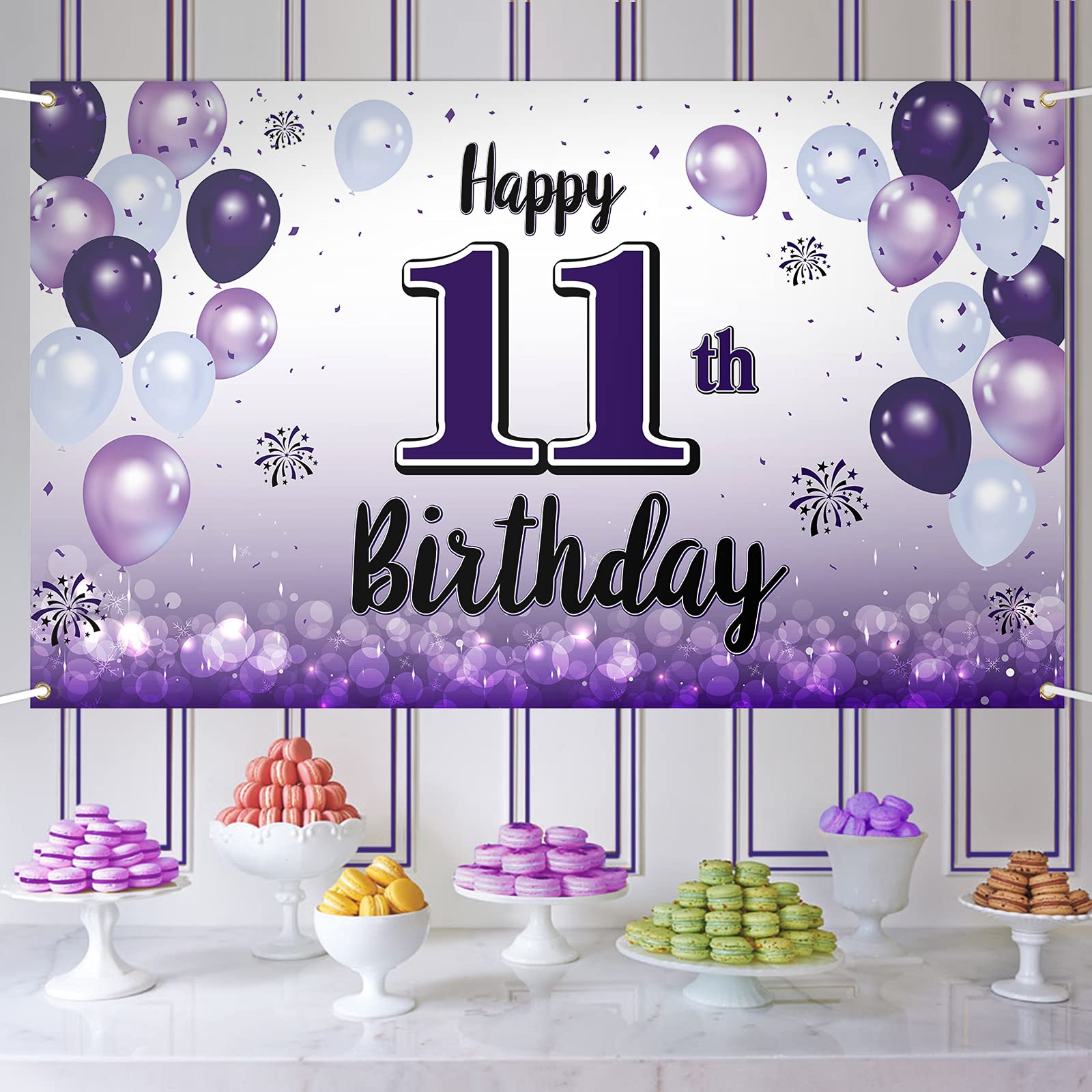 LASKYER Happy 11th Birthday Decorations,11th Purple Balloon Large Birthday Banner Backdrop Sign,Cheers to Eleven Years Old Bday 