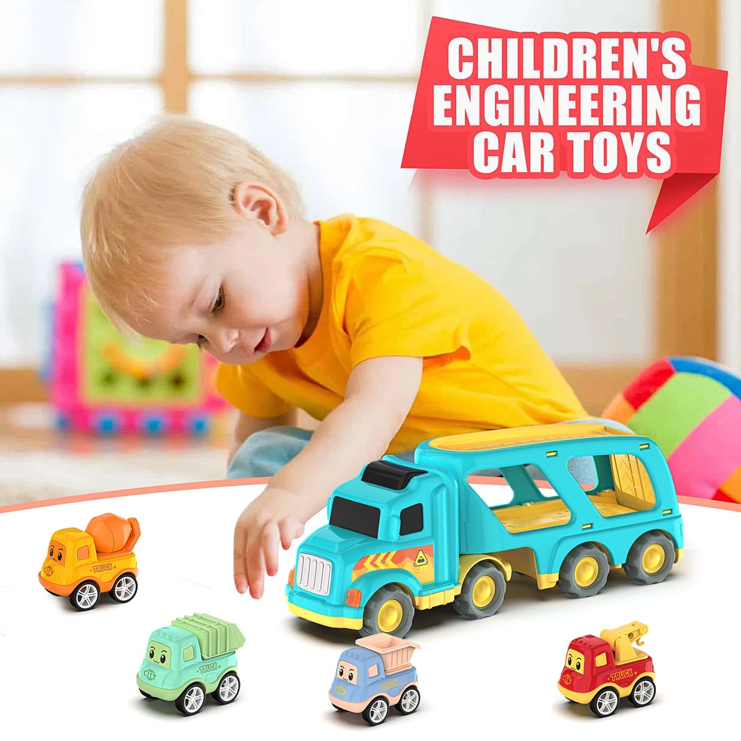 Moritakk Construction Toddler Truck Toys for Boys Girls Age 3 4 5 6 7 Years Old,5 in 1 Carrier Transport City Vehicles Toys,Car