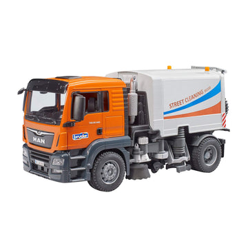 Bruder Toys - Commercial Realistic MAN TGS Street Sweeper Truck with Open-able Doors, Adjustable Brushes, and Flexible Hose - Ag
