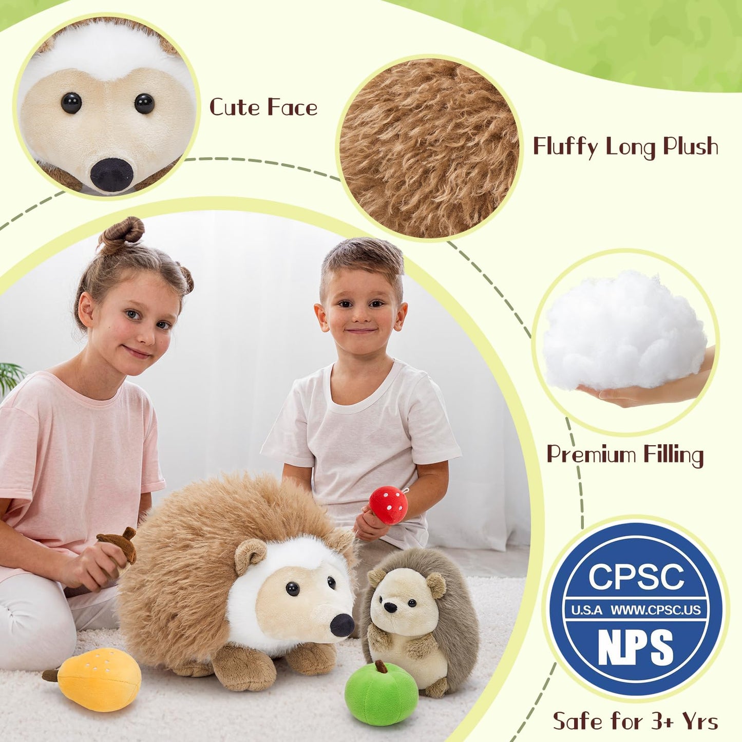 MaoGoLan Soft Hedgehog Plush Toys for Kids 6Pcs Woodland Stuffed Animals Bulk - Large Stuffed Hedgehog with Baby & 4 Fruits Plus