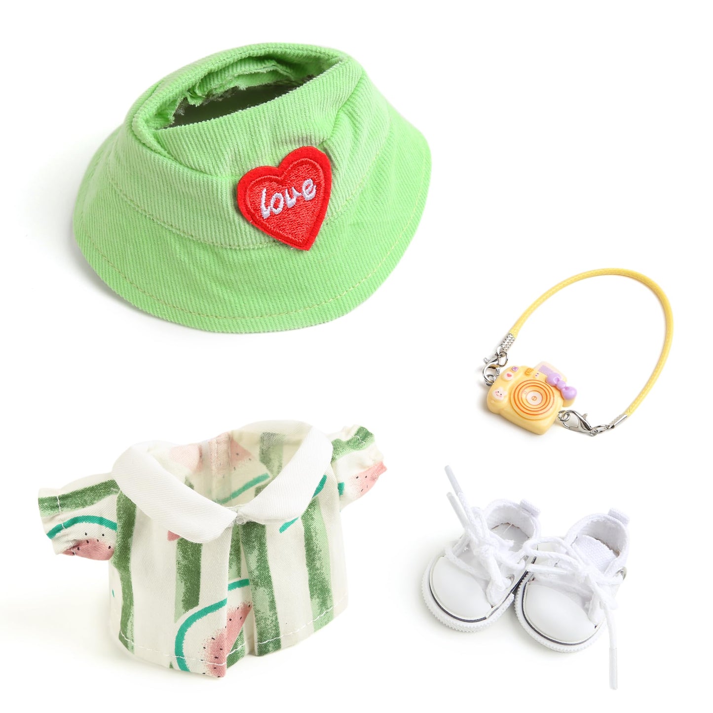 17cm Doll Clothes for Labubu - Kawaii Clown Style Set - Doll's Hat & Doll's Clothing & Doll's Shoes & Camera  Cute Doll Outfit with Accessories for Display  Collectors  Gift - Green (NO Dolls)