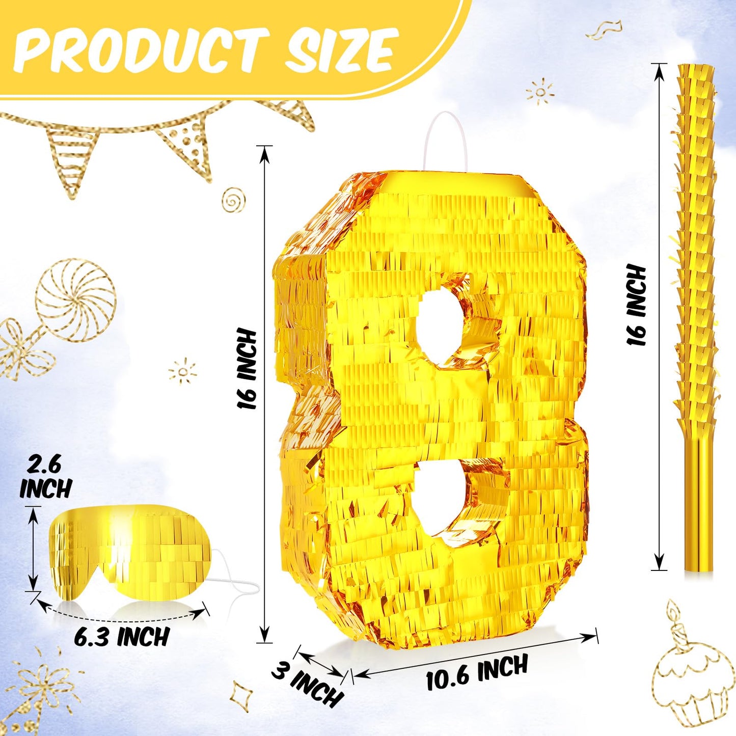 Sratte Number Piñata Birthday Piñata Decorations Gold Foil Piñata With Stick Blindfold Confetti For Boy Girl Birthday Party Decorations Anniversary Celebrations Fiesta Supplies(Number 8)