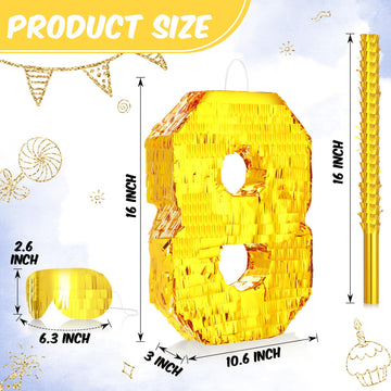 Sratte Number Piñata Birthday Piñata Decorations Gold Foil Piñata With Stick Blindfold Confetti For Boy Girl Birthday Party Decorations Anniversary Celebrations Fiesta Supplies(Number 8)