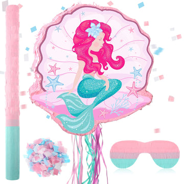 Ferraycle Mermaid Piata for Birthday Party Girl, Mermaid Party Supplies Piata with Blindfold, Bat and Confetti, Sea Ocean Theme 