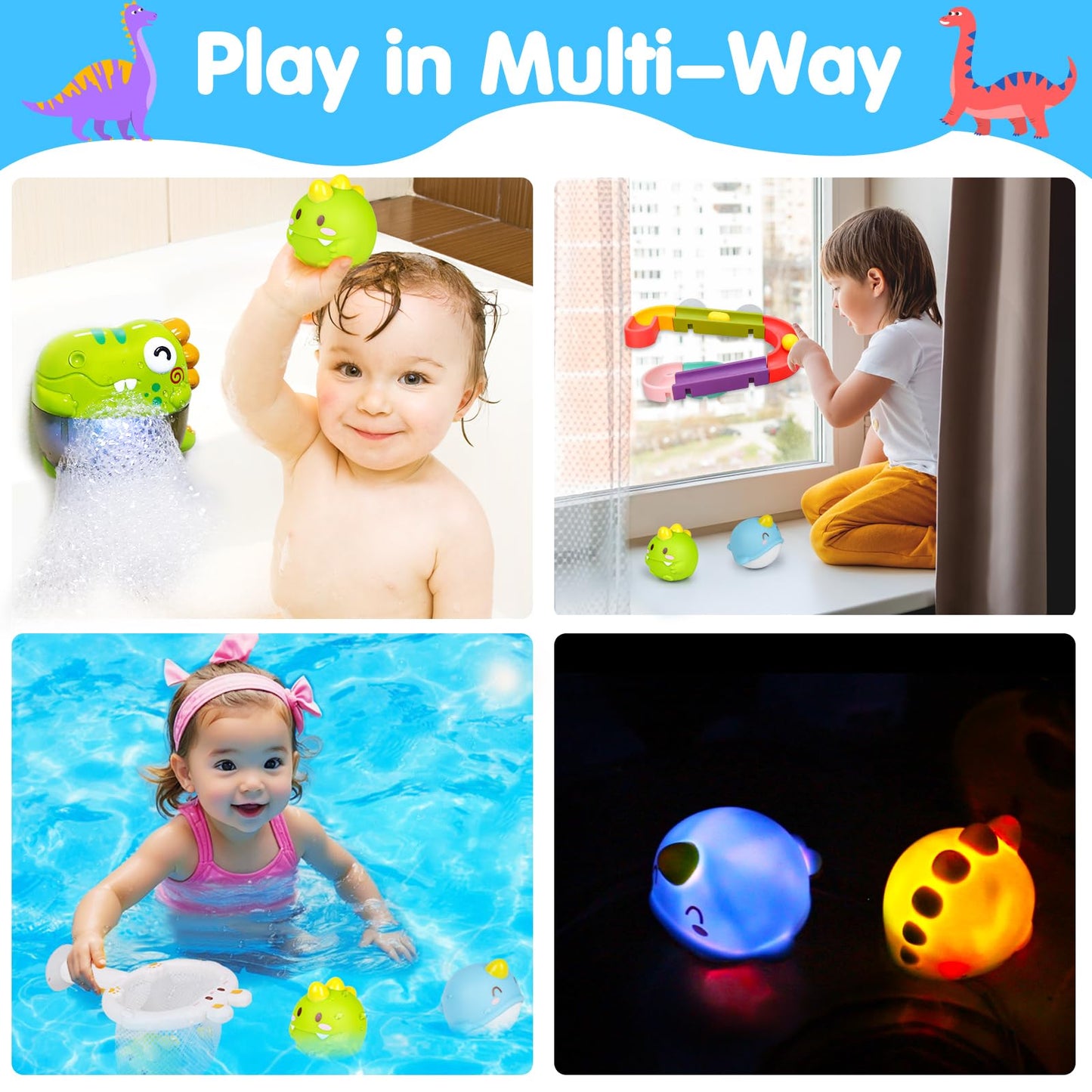 Toddler Bubbles Bath Toys, Light Up Bath Toy For Kids Age 1-3 Baby Bathtub Tub Toy Slide Track Dinosaur Bubble Machine Maker With Music Floating Animal Shower Toy Summer Outdoor Gift Boy Girl Age 2-5
