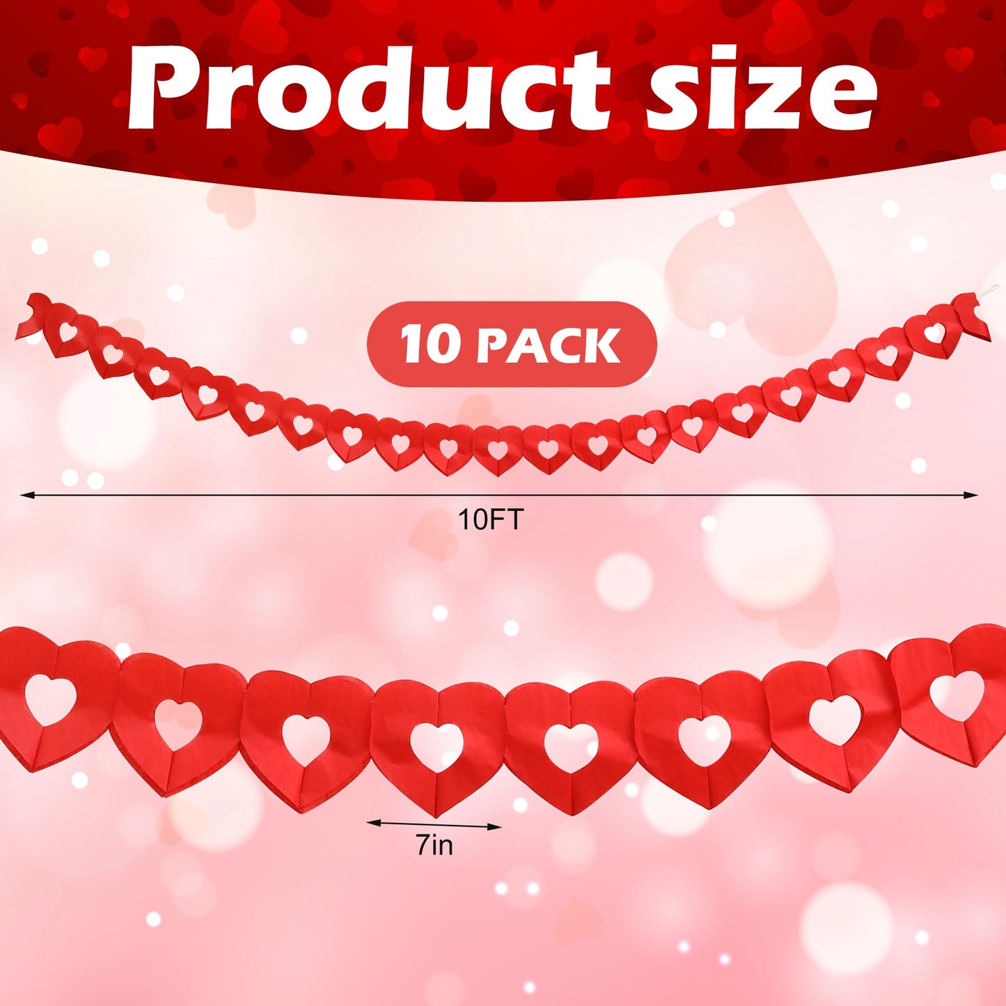 Tlswshsy 10Pcs Valentines Day Heart Garland Banner, 100Ft Pre-Strung Red Heart Paper Garland, Heart Shape Hanging Paper Decorati