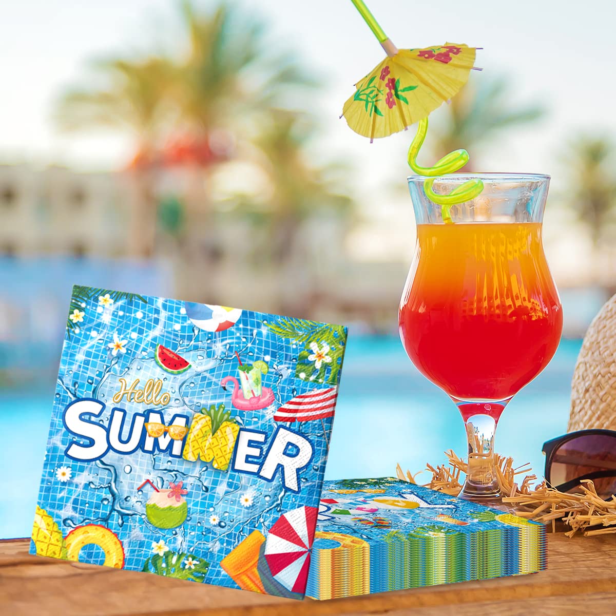 Pool Party Supplies-40Pcs Summer Napkins Pool Party Theme Disposable Paper Napkins Hello Summer Hawaiian Beach Swimming Decor Fo