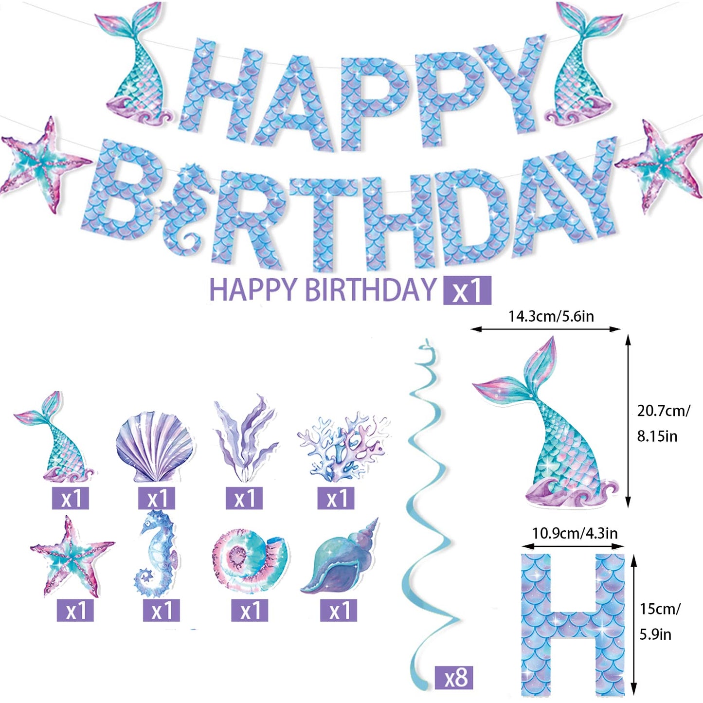 Zwiebeco Mermaid Birthday Party Decoration Supplies - Mermaid Happy Birthday Banner Bunting Garland Hanging Paper Swirls Kit For