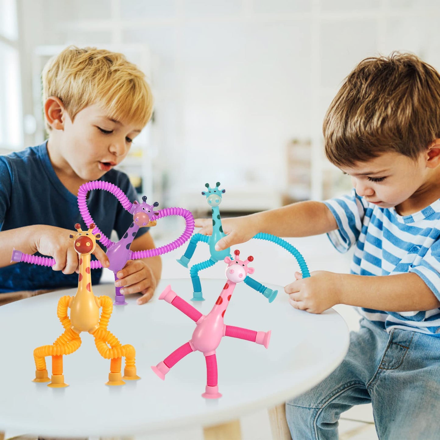 Xonteus 4 Pcs Telescopic Suction Cup Giraffe Toy, Sensory Tube Toddler Travel Toys, Connectable And Extendable Stress Relief Adhd Autism Fidget For Kids, Easter Basket Stuffers For Gifts