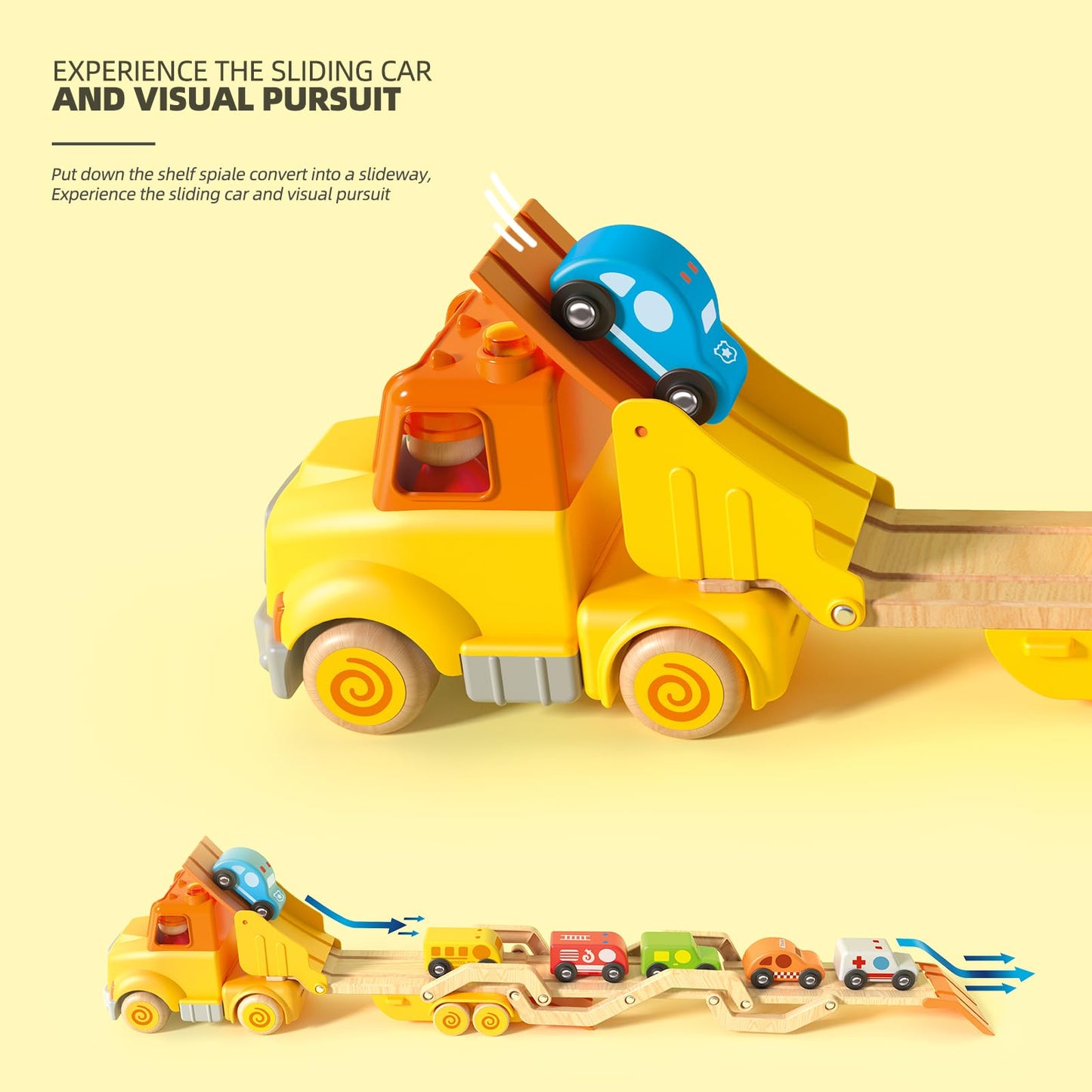 Toddler Toys For 2 3 4 5 Years Old Kids, Transport Car Carrier Truck Toy With 6 Wooden Vehicle, 30In Foldable Track Trailer With