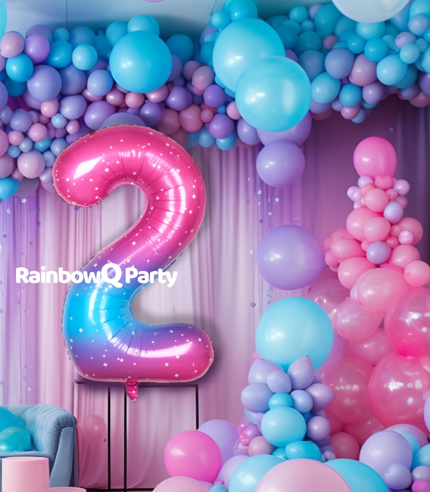 Rainbowq 2 Balloon Number 40 Inch For Boy Or Girl Big Starry 0-9 Foil Mylar Large 2 Number Balloon Happy 2Nd Birthday Party Anni