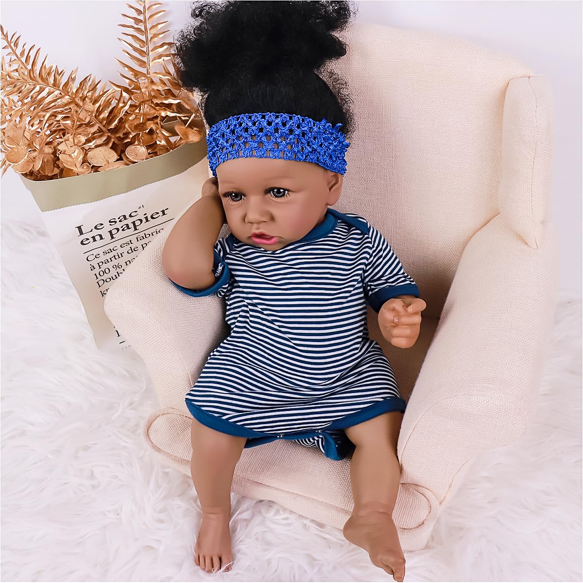 Maihao Reborn Baby Dolls Black Girl With Soft Body African American Real Life Babies Girl That Look Lifelike Newborn Baby Open Eyes 22Inch (Blue)