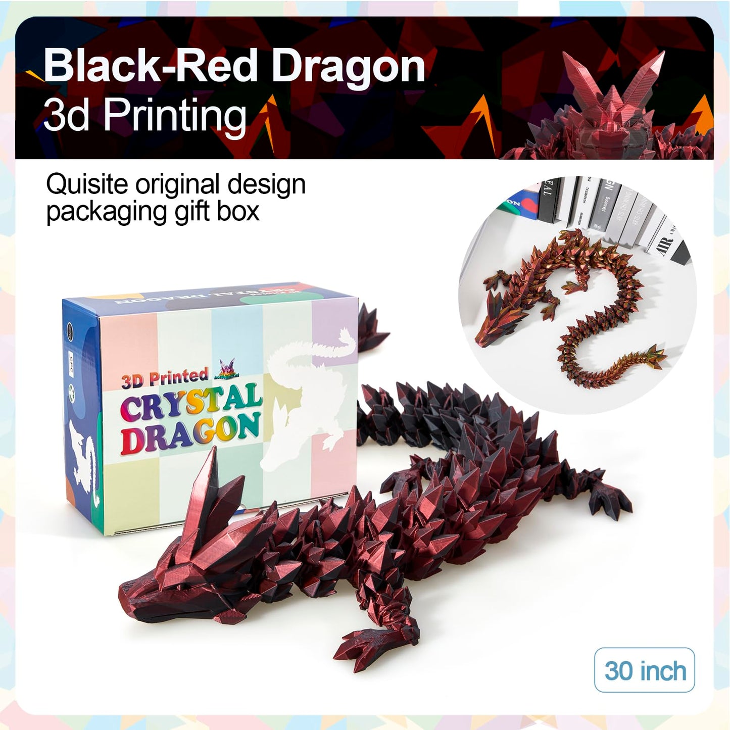 Rwsefk 30 In 3D Printed Dragon, 30Inch Dragon,3D Dragon Toy,Large Dragon Present,Ariculated Crystal Dragon(Red Black