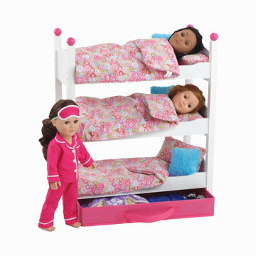 Emily Rose 18'' Doll Stackable Triple Bunk Bed, Beds For 18 Inch Dolls | Bunkbed With Clothes Storage Drawer, Bedding & Ladder, 