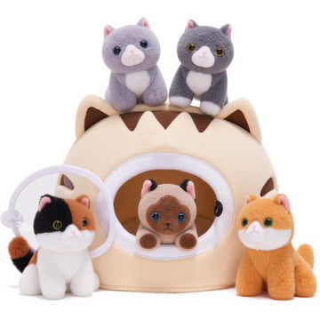 Ouozzz Cat Stuffed Animal House – Plush Kitten Toy Set With 4 Soft Cats – Interactive & Travel-Friendly Playset For Toddlers & Kids – Huggable, Portable Birthday Gift For Baby Infant