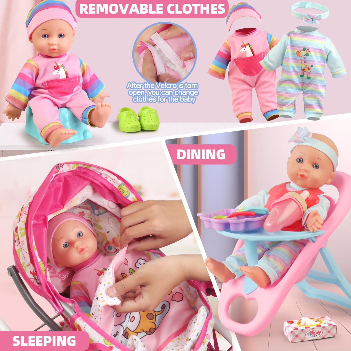 Baby Doll Stroller Toys Set With 12.5'' Baby Doll,Dining Chair,Quilt Pillow,24 Pcs Baby Doll Accessories And 2 Sets Doll Clothes