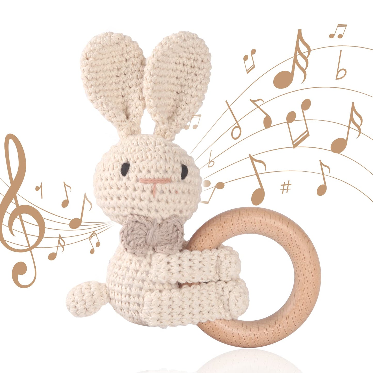 Wooden Teether Crochet Baby Rattle, Crochet Baby Toys, Organic Wooden Newborn Toys, Newborn Animal Rattle Toys,Knitted Stuffed Animals Gifts For Baby, Lovely Bunny