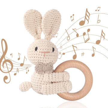 Wooden Teether Crochet Baby Rattle, Crochet Baby Toys, Organic Wooden Newborn Toys, Newborn Animal Rattle Toys,Knitted Stuffed Animals Gifts For Baby, Lovely Bunny