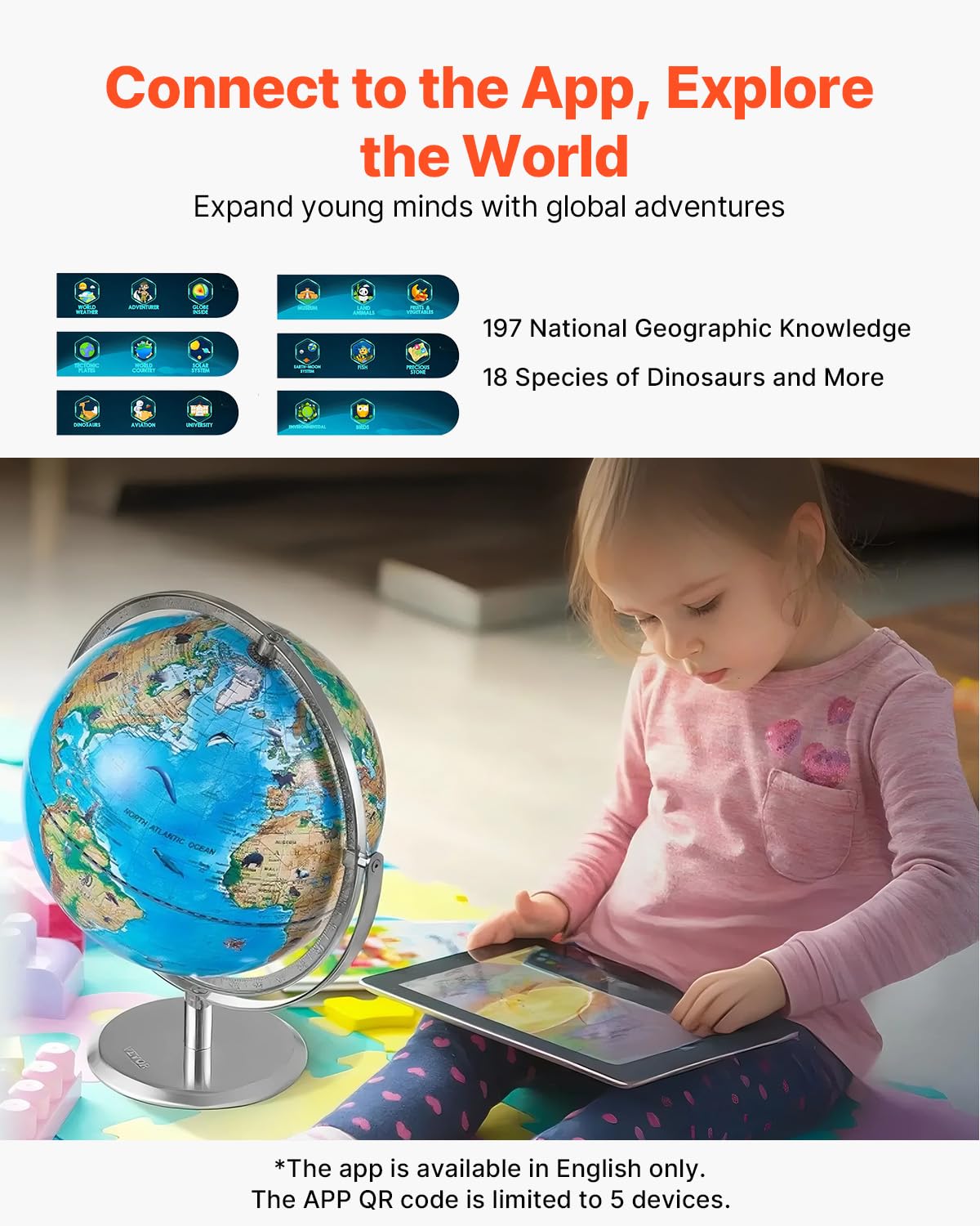 VEVOR Educational World Globe  10 in/254 mm  Interactive Globe for Kids  with AR Golden APP  720 Rotation  LED Night Lighting  197 National Geographic Knowledge  STEM Toy  for Children Ages 4-10