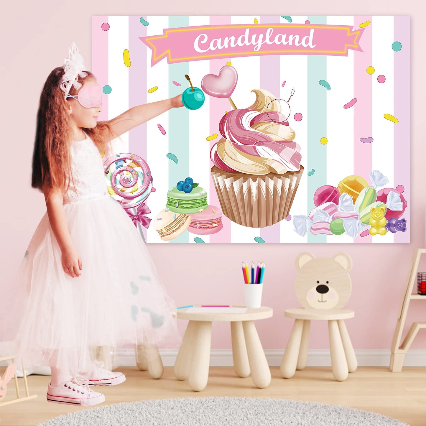 JOARHONAL Pin the Cherry on the Cupcake - Candyland Party Games for Kids Girls 20 x 28 Candy Land Game Poster with 24 Reusable S
