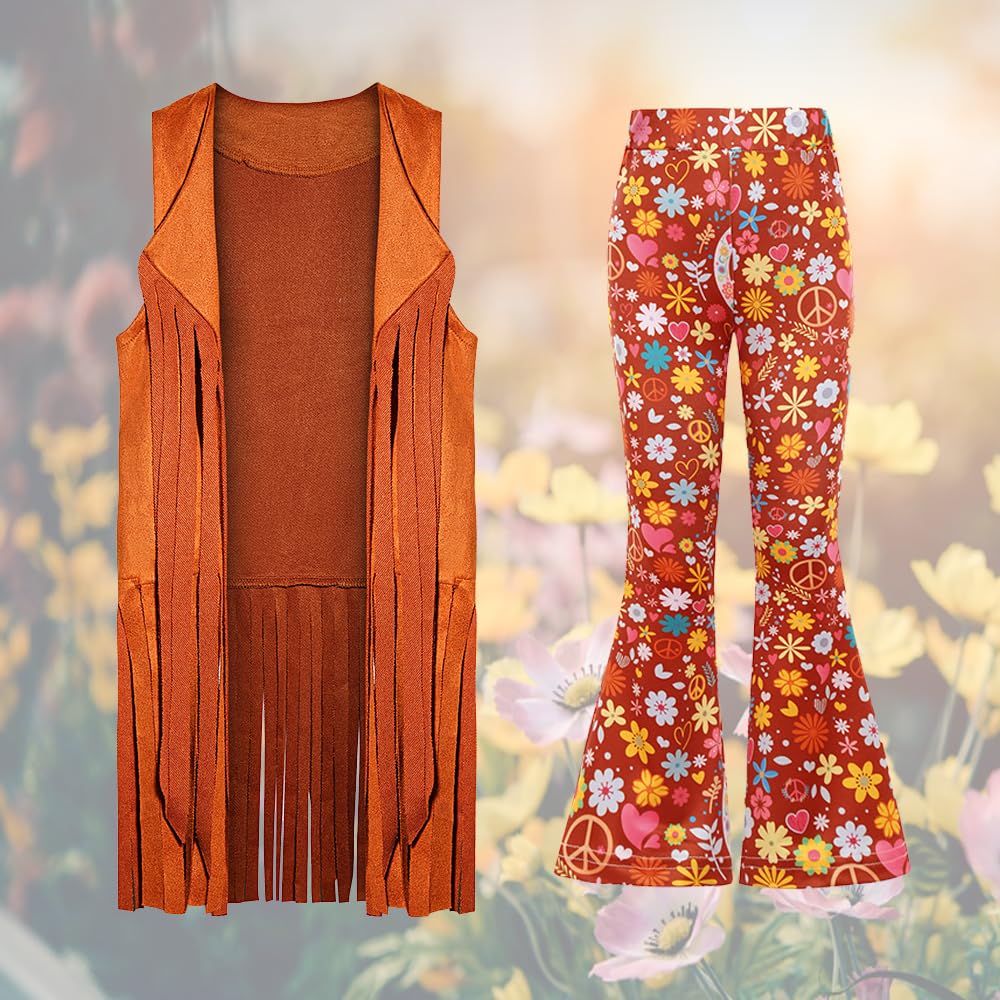 Cuteshower Girl Hippie Costume 70S 60S Hippie Outfits For Girls Halloween Cosplay Party (Brown, 8-9 Years)