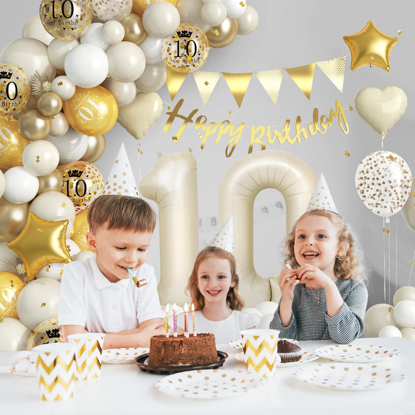 10Th Birthday Decorations Sand White Gold,10Th Birthday Balloon Arch Garland Kit With Happy 10Th Birthday Number 10 Foil Balloon