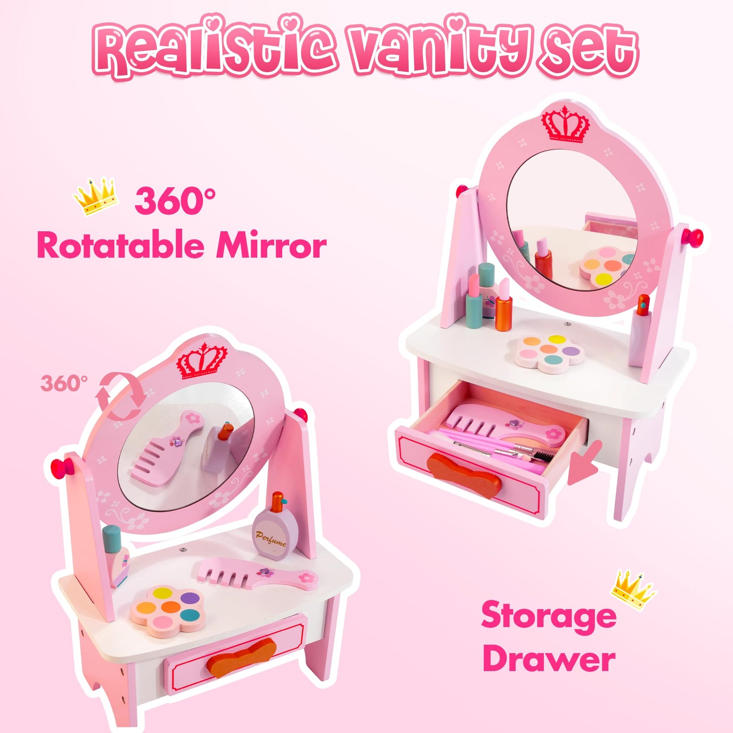 Wooden Vanity Set For Kids, Pretend Play Toddler Makeup Vanity With Acrylic Mirror, Beauty Salon Play Set For Little Girls Age 3
