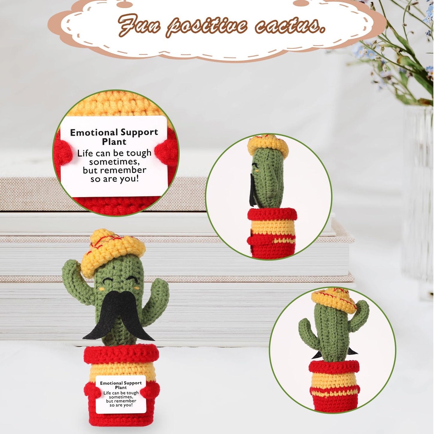 Funny Positive Cactus Crochet Potato Toy, 6.69 Inch With Mustache Knitted Fabric With Encouragement Card Wool Emotional Support Plush Plant Doll For Party Gifts Mexican Cinco De Mayo Carnivals