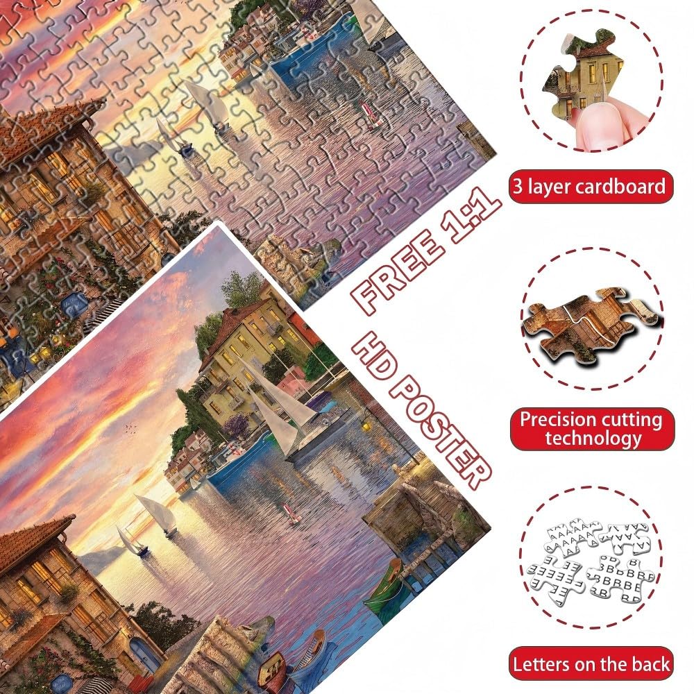 Puzzles for mature-themeds 1000 Pieces Mediterranean Harbor Jigsaw Puzzles Environmentally Friendly No Odor Challenging Educational Fun Family Holiday Activities Games Toys Gifts  Finished Size 27 x 20