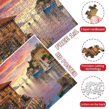 Puzzles for mature-themeds 1000 Pieces Mediterranean Harbor Jigsaw Puzzles Environmentally Friendly No Odor Challenging Educational Fun Family Holiday Activities Games Toys Gifts  Finished Size 27 x 20