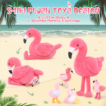 Morismos Plush Flamingo Stuffed Animal-18 Inch Mommy Stuffed Flamingo With 4 Baby Flamingo Plush Toys Inside Zipper Tummy, Pink Flamingo Toy Gift For Girl Women Decor Birthday Christmas Valentines