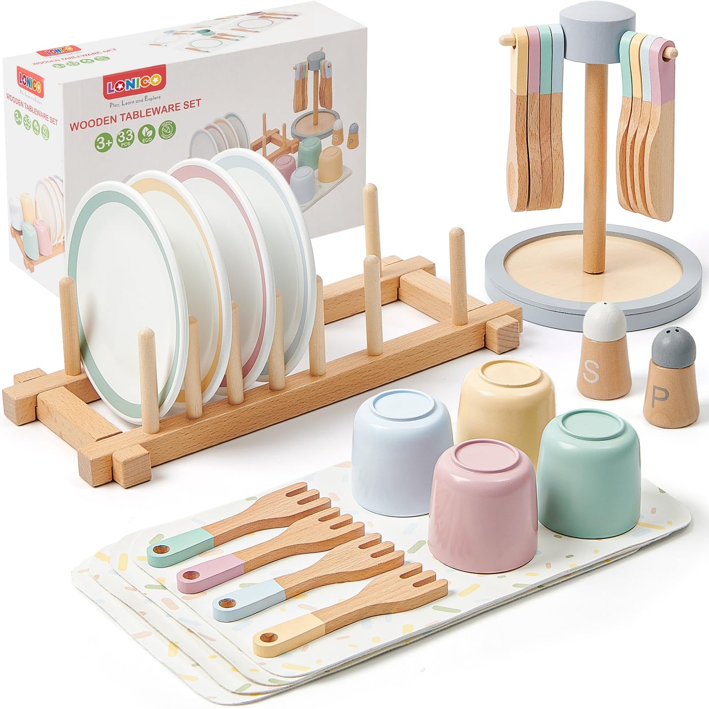 Lonico Wooden Play Kitchen Accessories Toys for Toddlers 3-5, Kids Play Kitchen with Realistic Plates & Dishes & Tableware, Mont