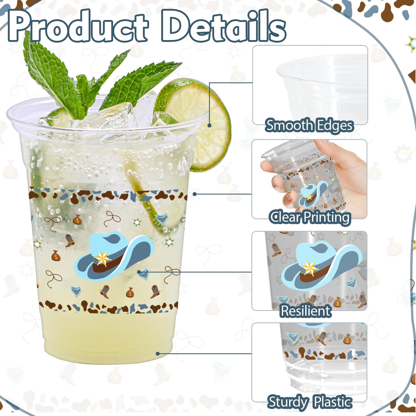 ZCPTZ 100 Pcs Western Cowboy Plastic Cups, 12 oz Blue Cowboy Party Cup Clear Disposable Western Cowboy Cups for Western Cowboy B