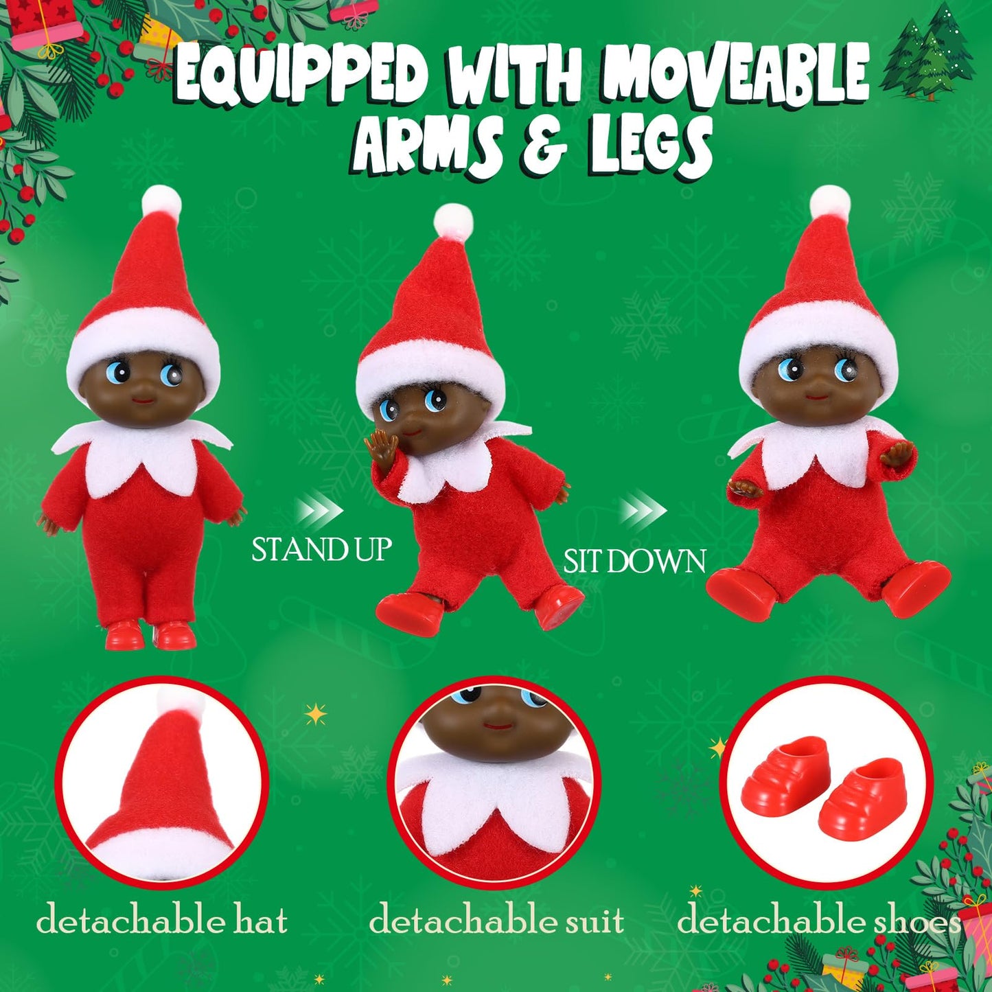 Gemscream 4 Pcs Christmas Tiny Elf Miniature in Dark Skin with Dress  Christmas Decoration Party Accessories Holiday Tiny Gift Xmas Stocking Stuffers for mature-themed(Cute Dark Skin)