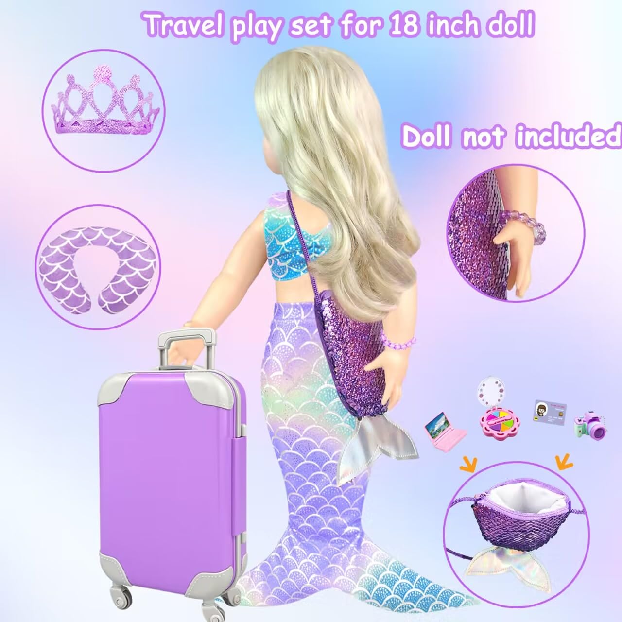 Vlusso 18 Inch Girl Doll Accessories Case Luggage Travel Play Set With Doll Clothes Camera Travel Pillow Bag Dress Glasses Doll Stuff Fit 18 Inch Doll Christmas Birthday Gift