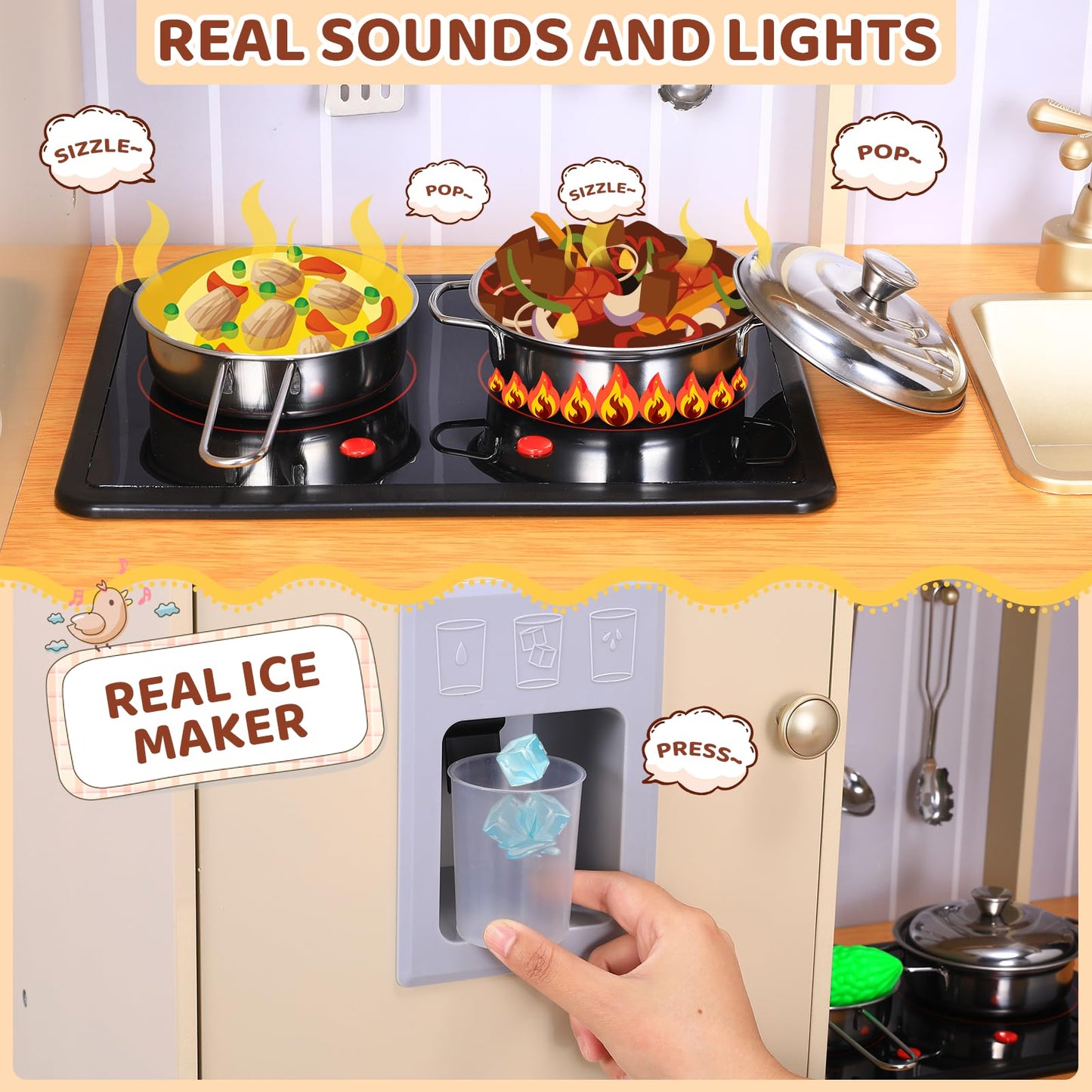 Clevich Wooden Play Kitchen for Kids, Toddler Vintage Kitchen Toy Set w/Pretend Phone, Ice Maker, Towel Rack, Height Adjustable