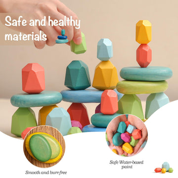 Oessuf Stacking Rocks 26Pcs Stacking Blocks Balancing Stacking Stones Wooden Building Toys Wood Stone Stacking Game For Toddler