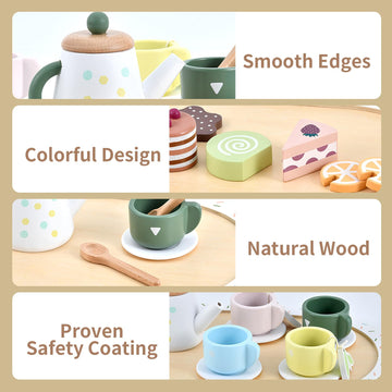 WHOHOLL Wooden Tea Party Set for Little Girls Play Food, Toddler Girl Toys Play Kitchen Accessories with Teapot Tea Cup Dessert