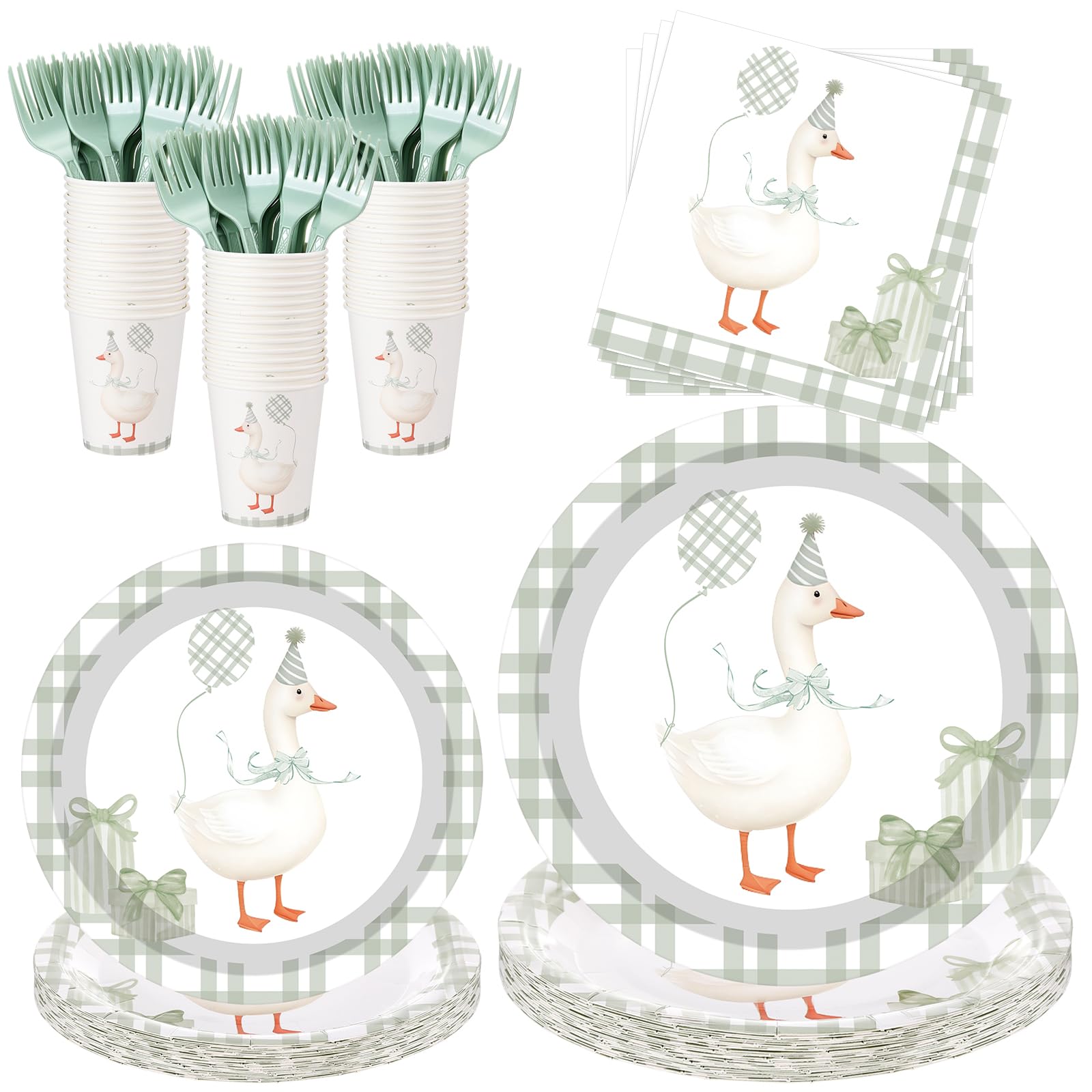 Havawish 120 Pcs One Silly Goose Birthday Party Tableware Set Gingham Baby Shower Plates Cup Napkins Forks for Birthday Party De