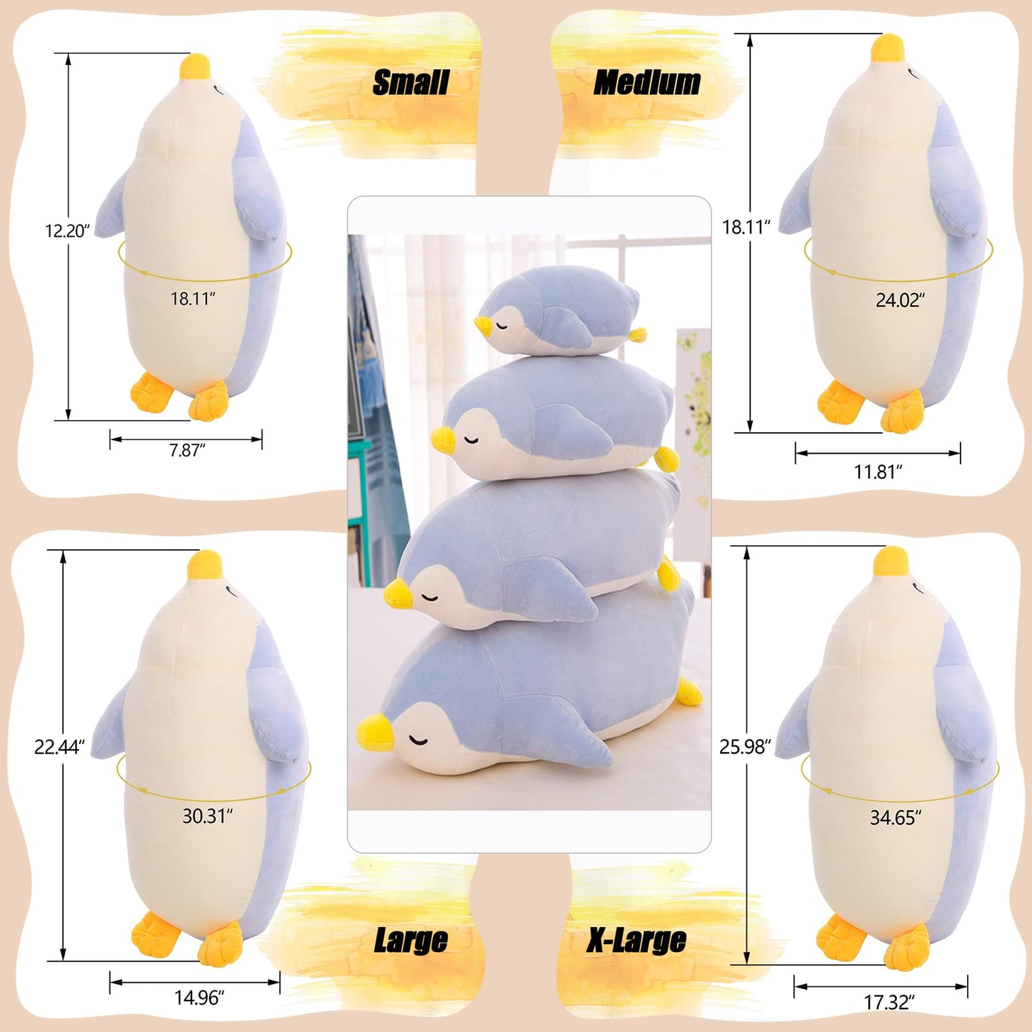 DENTRUN Penguin Stuffed Animals Bulk  Cute Penguin Plush Doll Play Toys for Kids Girls Boys mature-themeds Birthday Xmas Halloween Present Adorable Soft Plushies  12.20/18.11/22.44/25.98 Inchs  Blue  Black