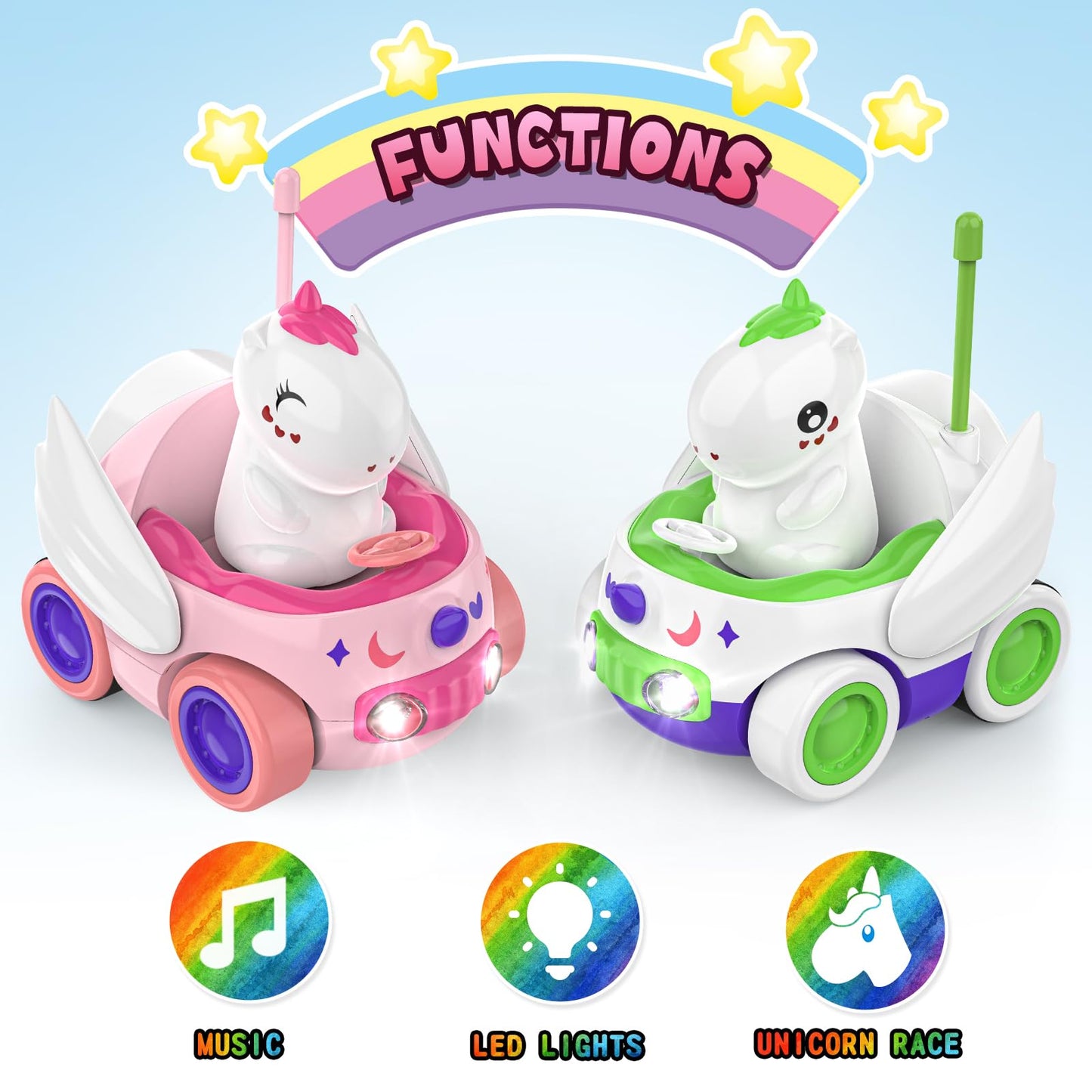 Kroyedfuw 2 Pack Unicorn Remote Control Car For Toddler, Unicorns Gifts For Girls And Boys, Car Toys For Kids With Led Lights An