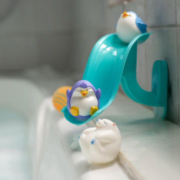 Nuby Penguin Slide Bath Toy Play Set With 4 Bath Squirters - Baby Bath Toys For Boys And Girls 12+ Months - Suction Cup Toy Attaches To Shower Wall