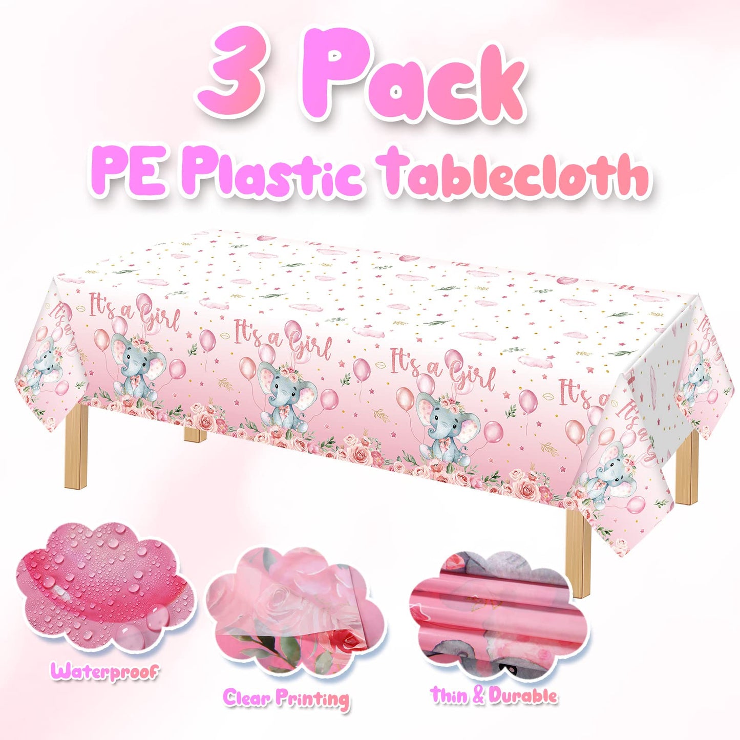 3 Pack Baby Shower Tablecloths Elephant Plastic Rectangle Baby Shower Table Covers For Boy Girl Gender Reveal Birthday Baby Show