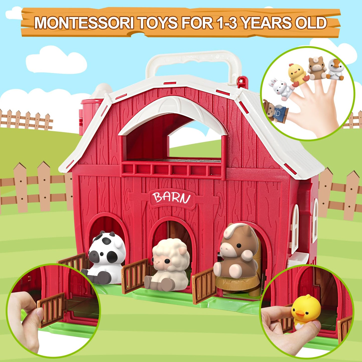 Letapapa Farm Animals Big Barn Toy, Educational Montessori Playset, Red, for Toddlers 1-3 Years, Model LE-GCplayset-10