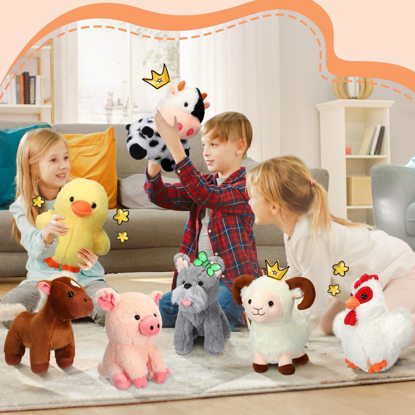 Hiboom 7 Pcs Farm Stuffed Plush Animals Toys Set 8 Inch Barnyard Stuffed Animals Bulk Soft Pig Rooster Horse Duck Sheep Cow Dog