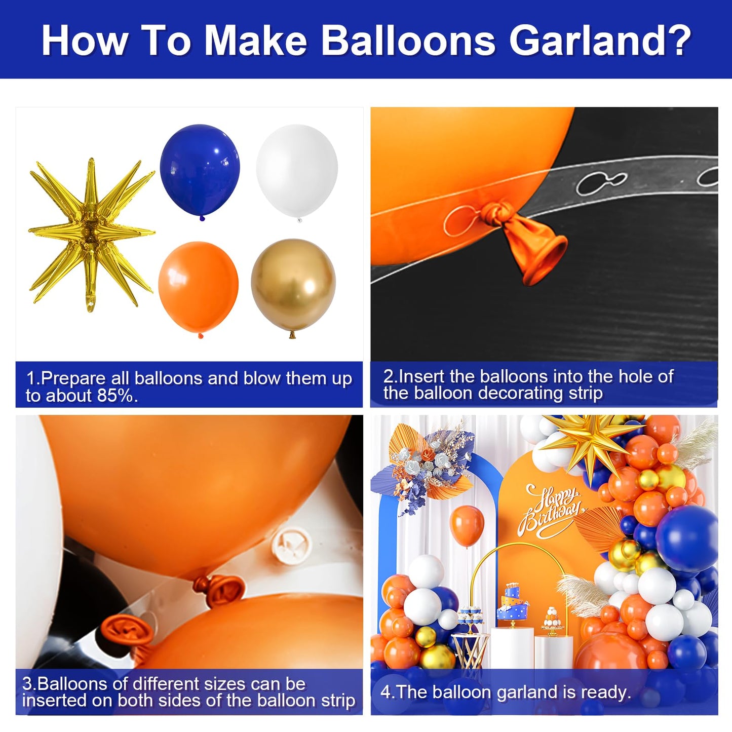 Blue And Orange Balloon Garland Arch Kit, Orange Navy Blue White Metallic Gold Balloons Decorations With Exploding Star Foil Bal